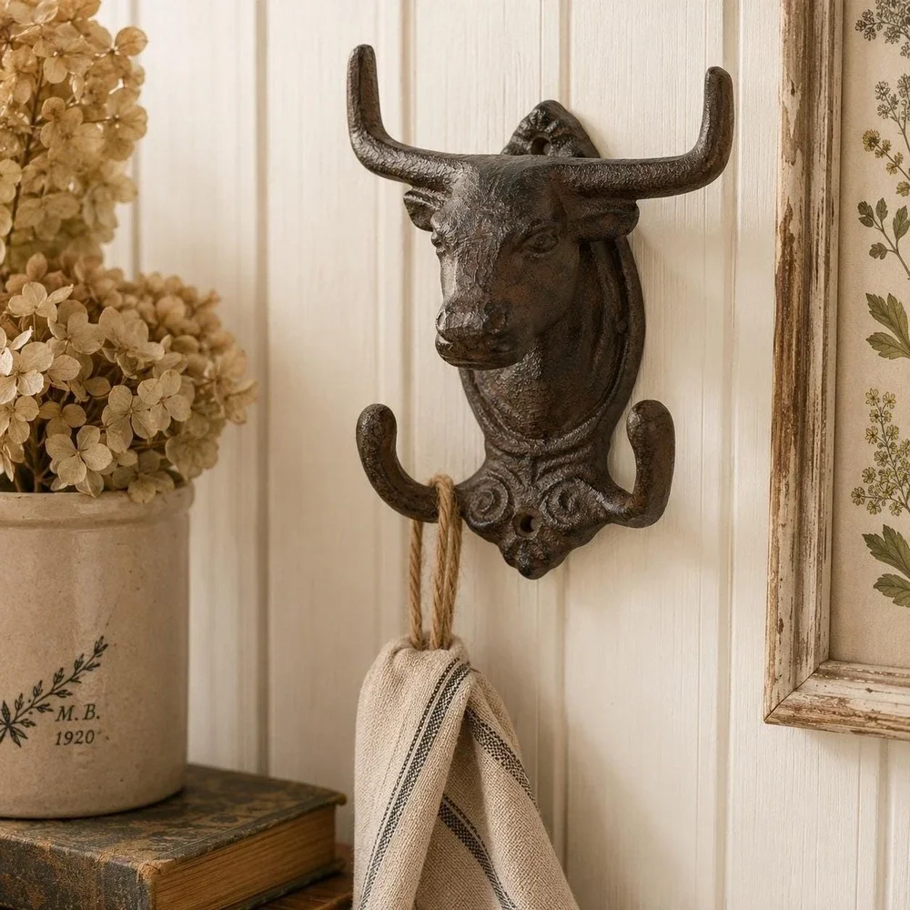 Cast Iron Bull Double Wall Hook Western Ranch Farmhouse Decor